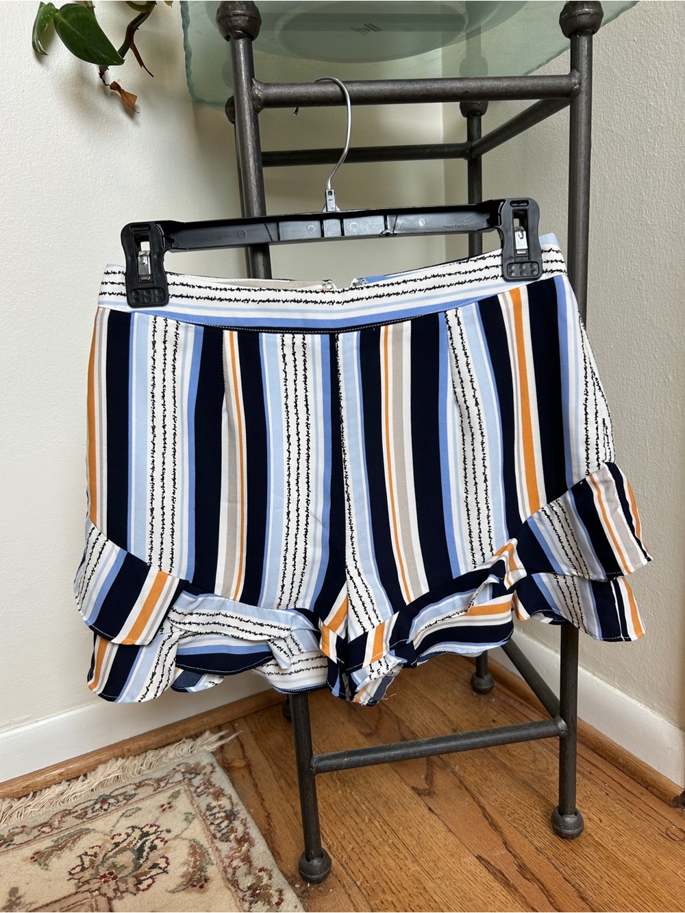 Lost + Wander Navy, White & Gold Striped Ruffle-Hem High Waist Shorts
